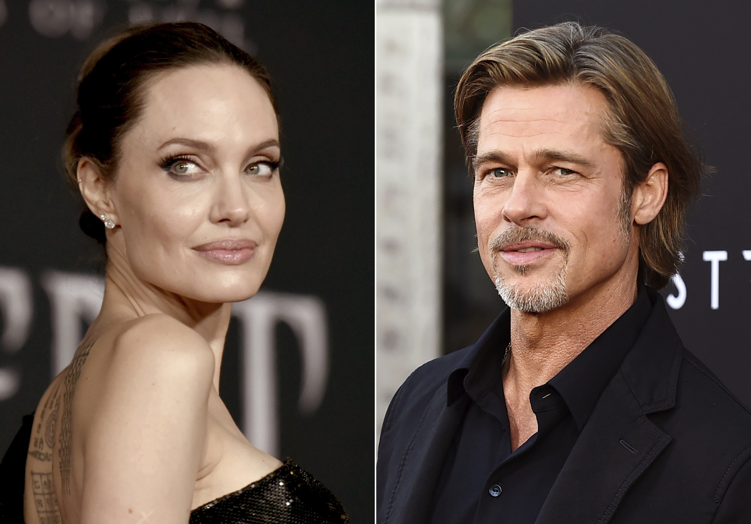 This combination shows Angelina Jolie at a premiere in Los Angeles on Sept. 30, 2019, left, and Brad Pitt at a special screening on Sept. 18, 2019. A new court filing from Angelina Jolie alleges that on a 2016 flight, Brad Pitt grabbed her by the head and shook her then choked one of their children and struck another when they tried to defend her.