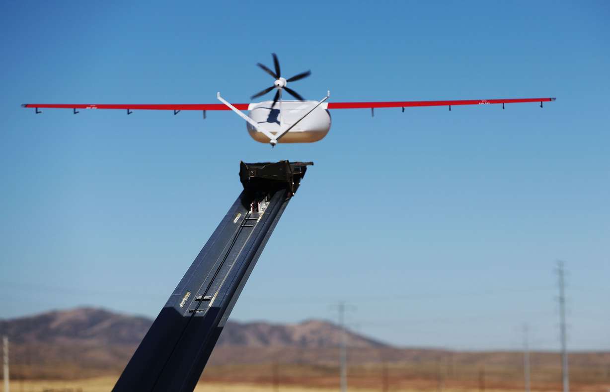 A Zipline drone lifts off in South Jordan on Tuesday. Zipline and Intermountain Healthcare will begin drone deliveries for prescriptions and medical products in the Salt Lake Valley.