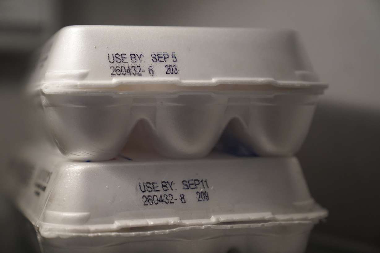 A "USE BY" date is stamped on two cartons of eggs, Aug. 21, in Chicago.