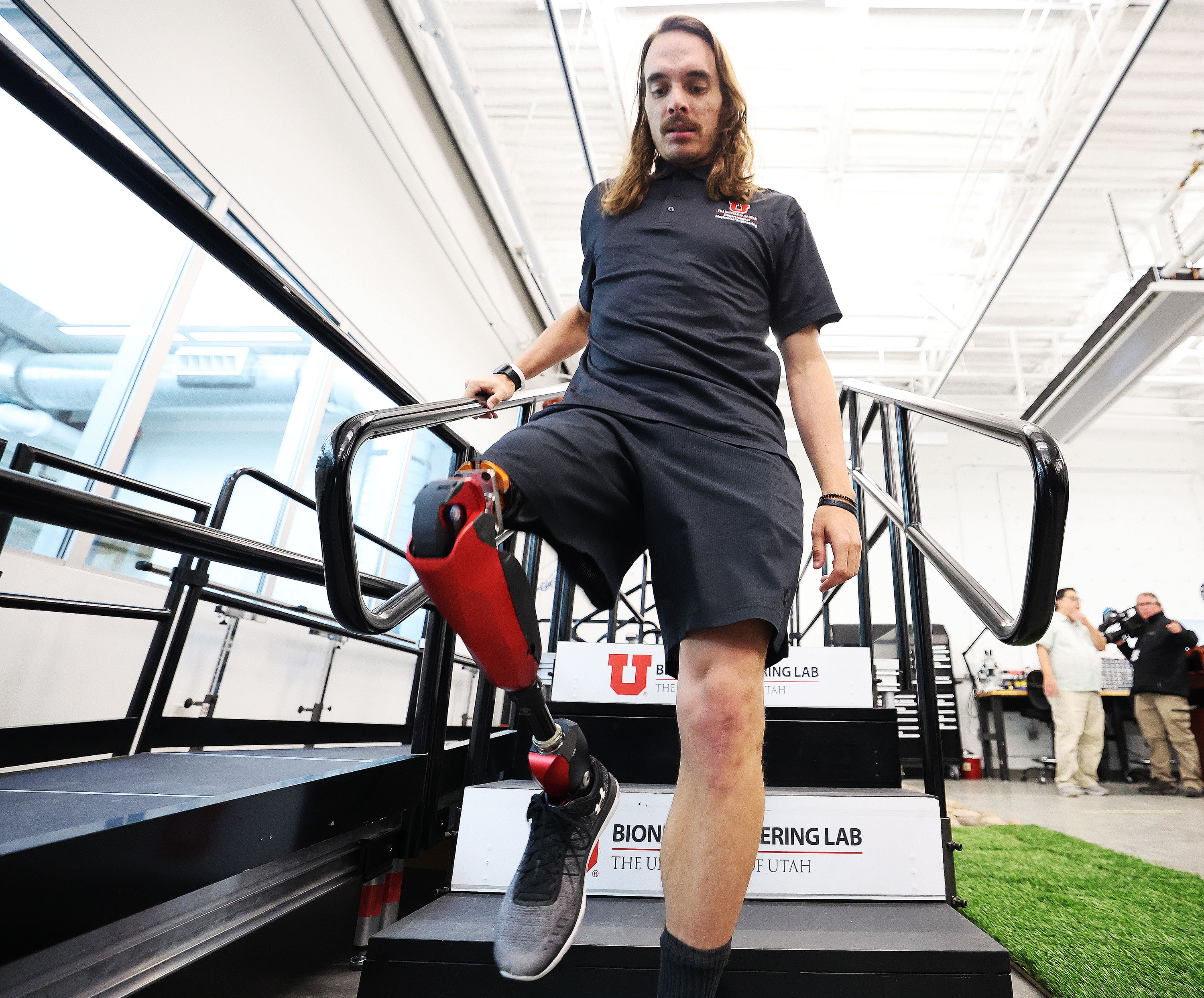 Alec McMorris demonstrates the Utah Bionic Leg at the University of Utah's College of Engineering in Salt Lake City on Wednesday. The university has forged a new partnership with Ottobock, a leader in the prosthetics industry, to license the technology behind the Utah Bionic Leg and bring it to individuals with lower-limb amputations.