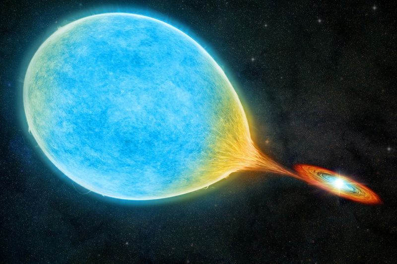 An artist's illustration shows a white dwarf and larger, sun-like star forming a "cataclysmic" binary system.
