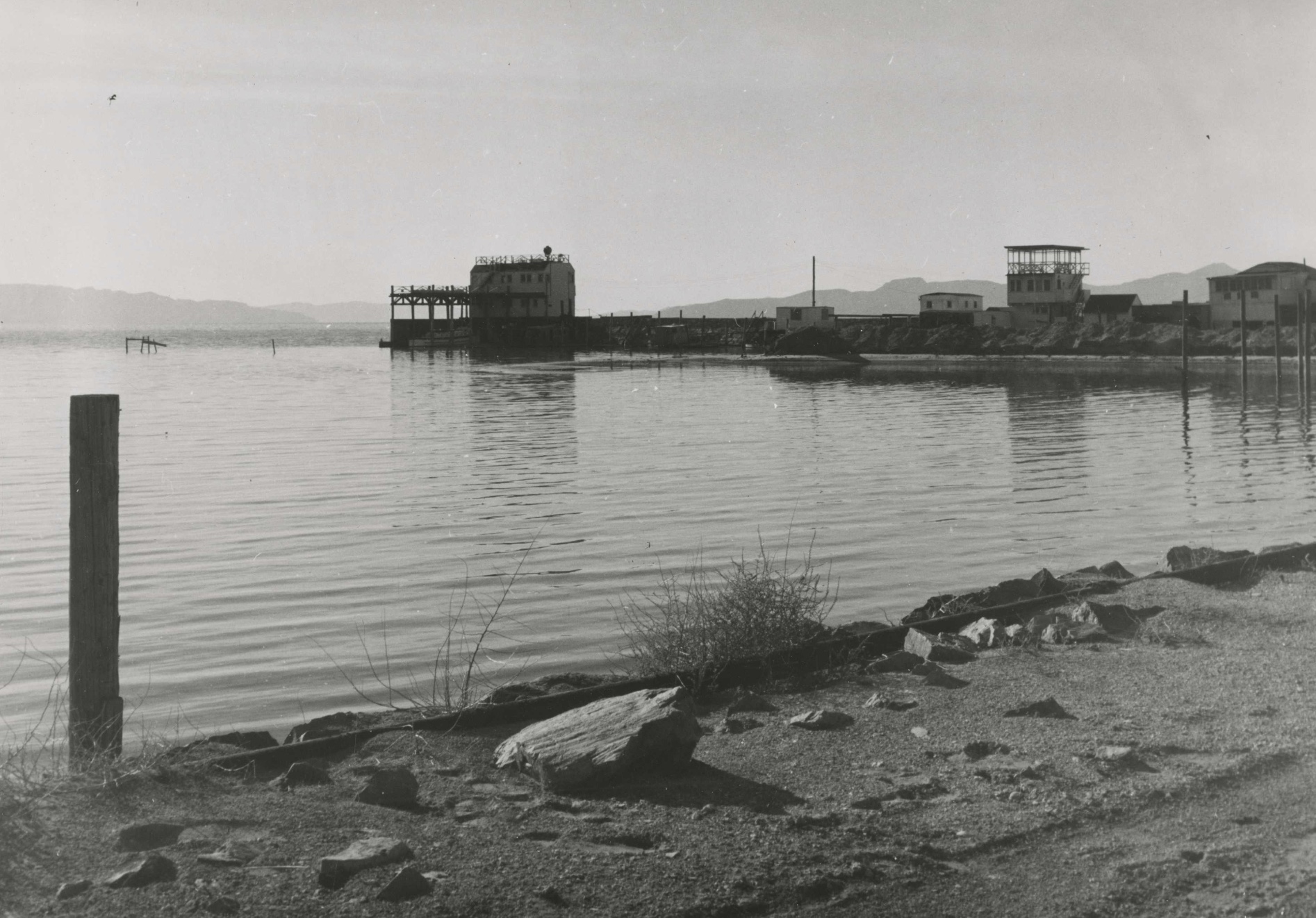 A photo of an old boat harbor by the Great Salt Lake shoreline taken sometime between 1940 and 1960. The lake reached an all-time low in 1963, which remained a record until 2021. The new record was set this year.