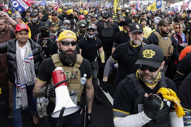 Far-right Proud Boys member Jeremy Joseph Bertino, second from left, joins other supporters of President Donald Trump who are wearing attire associated with the Proud Boys as they attend a rally at Freedom Plaza, Dec. 12, 2020, in Washington. Bertino pleaded guilty on Thursday to plotting with other members of the Proud Boys to violently stop the transfer of presidential power after the 2020 election, making him the first member of the extremist group to plead guilty to a seditious conspiracy charge. - Luis M. Alvarez, Associated Press