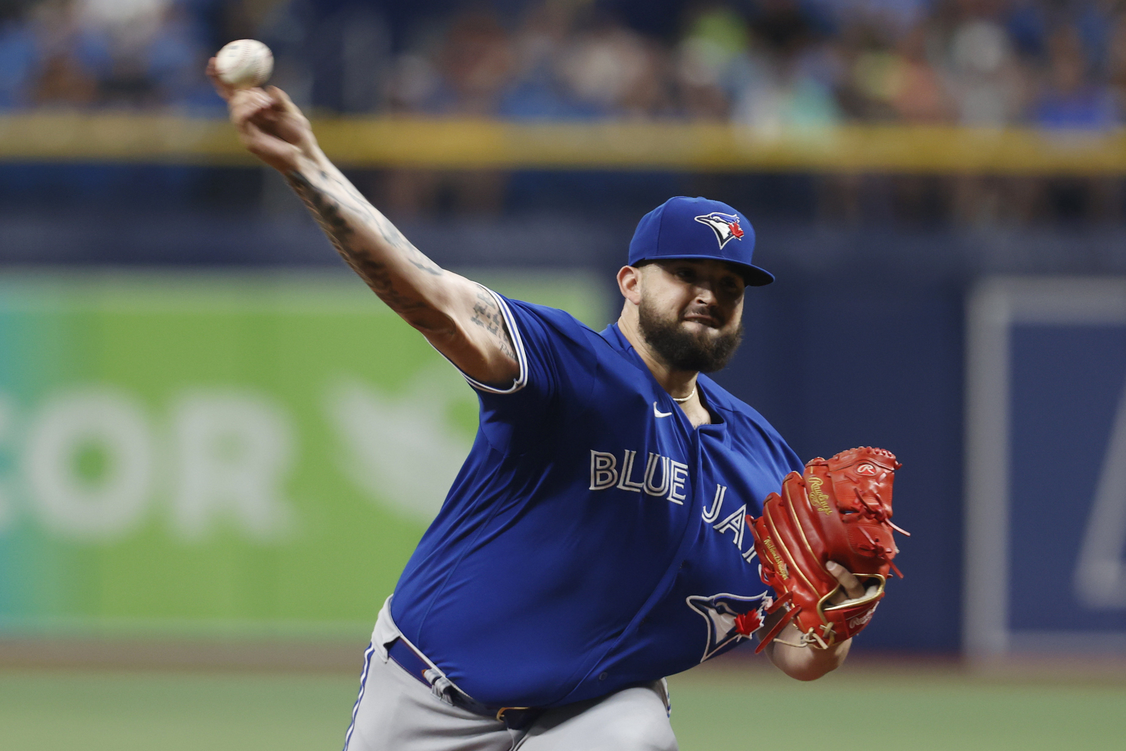 Toronto Blue Jays starting pitcher Alek Manoah throws to a Tampa Bay Rays batter during the first inning of a baseball game Saturday, Sept. 24, 2022, in St. Petersburg, Fla.