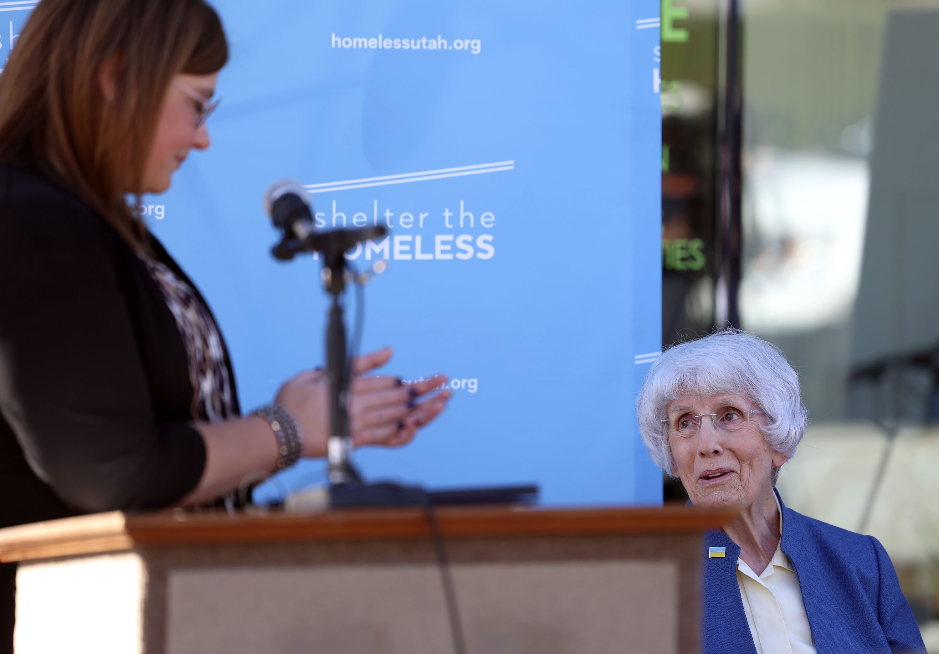 South Salt Lake Mayor Cherie Wood applauds Pamela Atkinson at the naming ceremony of the Pamela Atkinson Resource Center in South Salt Lake on Thursday. The facility was formerly known as the Men's Resource Center.