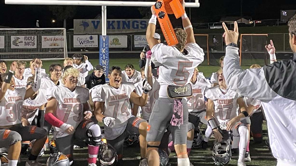 Skyridge players celebrate after a 42-0 win over Pleasant Grove on Oct. 6, 2022.