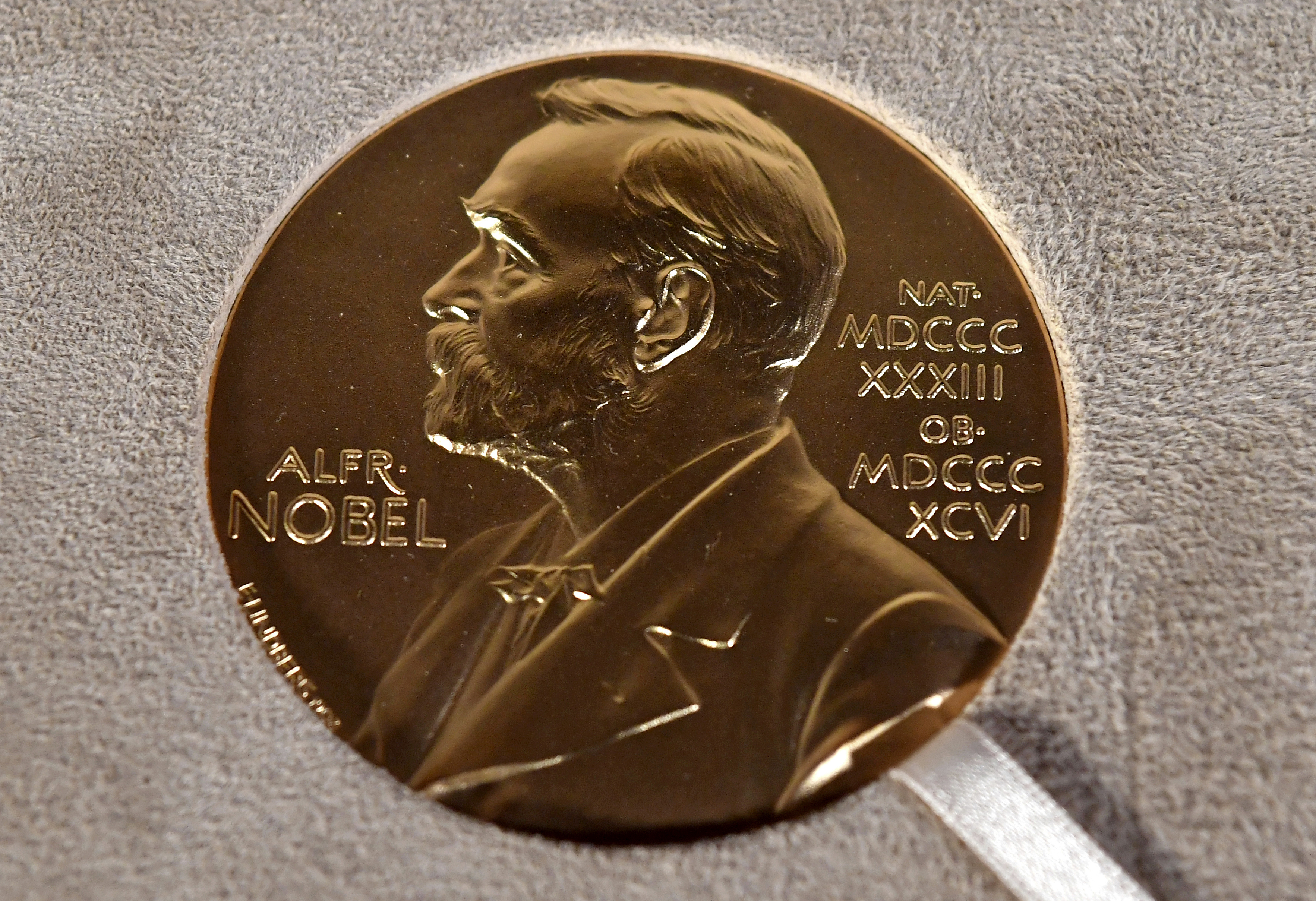 A Dec. 8, 2020, photo of a Nobel medal displayed in New York. This year's Nobel Peace Prize was awarded Friday to jailed Belarus rights activist Ales Bialiatski, the Russian group Memorial and the Ukrainian organization Center for Civil Liberties.