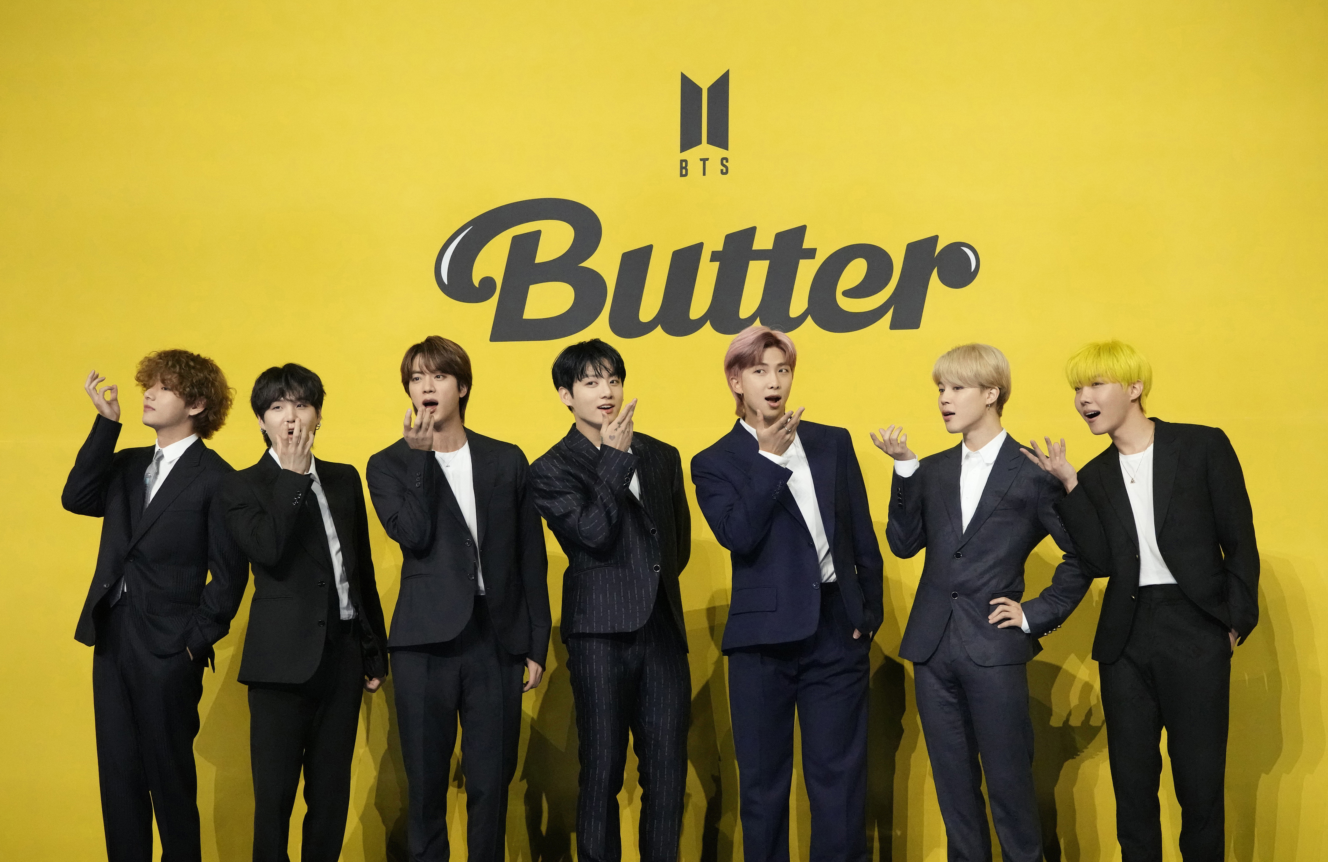 Members of South Korean K-pop band BTS, V, Suga, Jin, Jungkook, RM, Jimin, and j-hope, from left to right, in Seoul, South Korea, May 21, 2021. South Korea’s military appears to want to draft members of the K-pop supergroup BTS for mandatory military duties, as the public is sharply divided over whether they must be exempted from the service. 