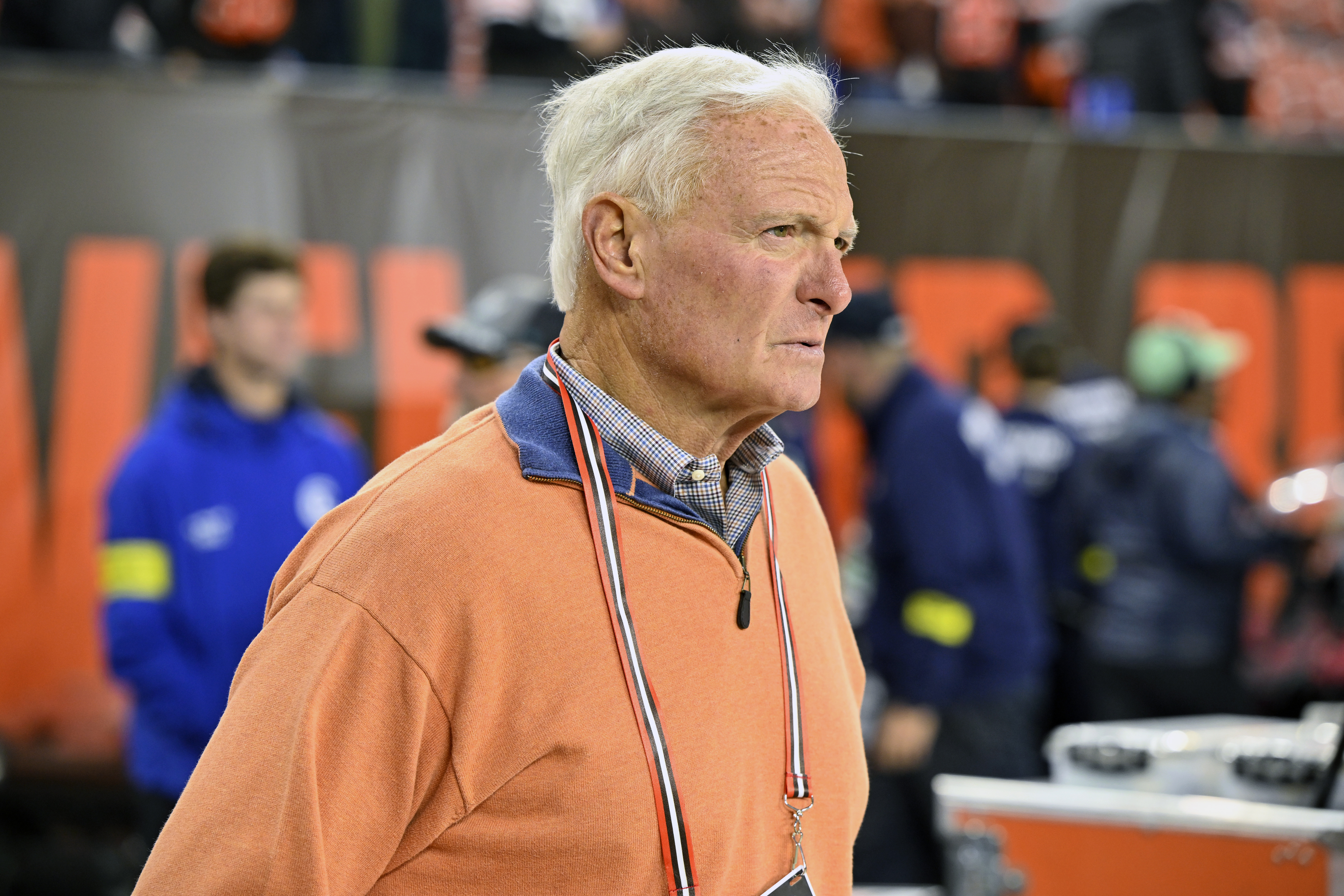 FILE - Cleveland Browns owner Jimmy Haslam walks on the field before an NFL football game against the Pittsburgh Steelers, Thursday, Sept. 22, 2022, in Cleveland. An attorney who was arrested for throwing a water bottle at Cleveland Browns owner Jimmy Haslam at the end of a home game last month has been charged with misdemeanor disorderly conduct by intoxication.
Jeffrey Miller, 51, of Rocky River, is scheduled to appear in Cleveland Municipal Court on Oct. 20. A message seeking comment was left with Miller on Friday, Oct. 7. He was charged on Thursday.