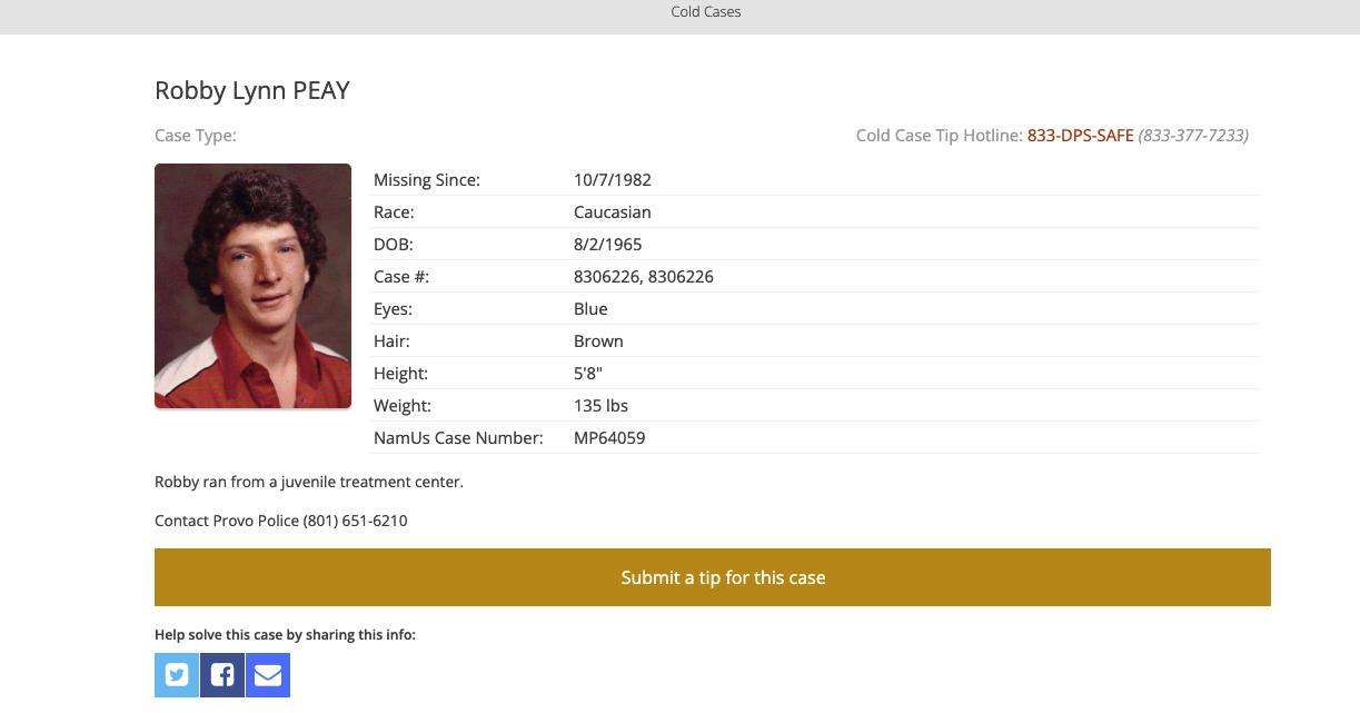 Utah's cold case website describes Robby Lynn Peay, who was 17 when he was last seen in 1982.