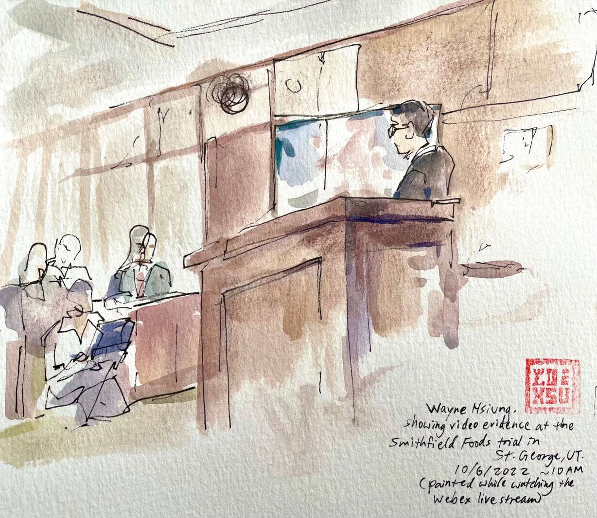 Artist rendering of defendant Wayne Hsiung, who is representing himself, addressing jurors.