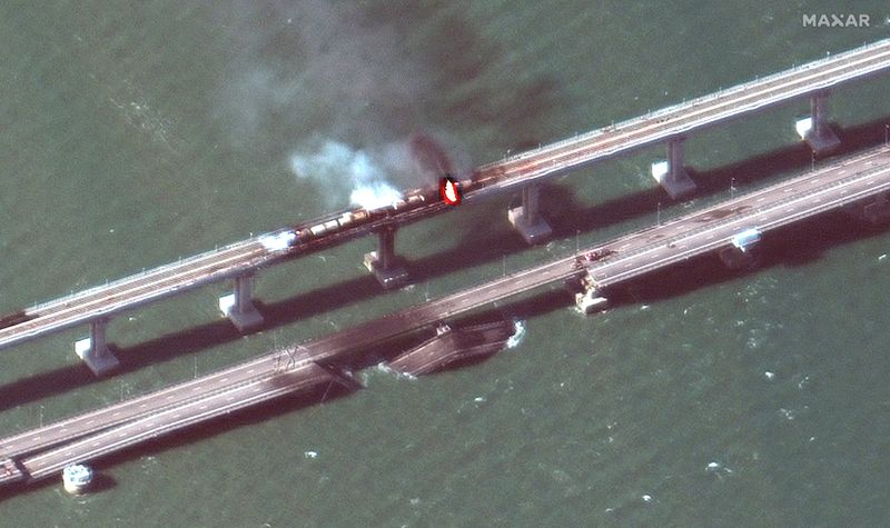 A satellite image shows a close up view of smoke rising from a fire on the Kerch bridge in the Kerch Strait, Crimea, Saturday.