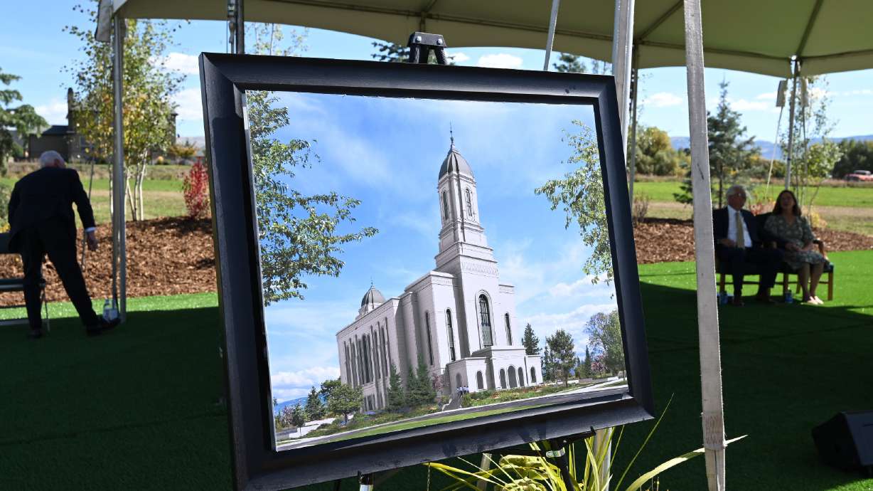 An artist rendering of the Heber Valley Utah Temple displayed at a groundbreaking ceremony in October 2022. The Utah Supreme Court ruled Thursday that construction on the temple can resume despite an appeal of a lawsuit against the project.