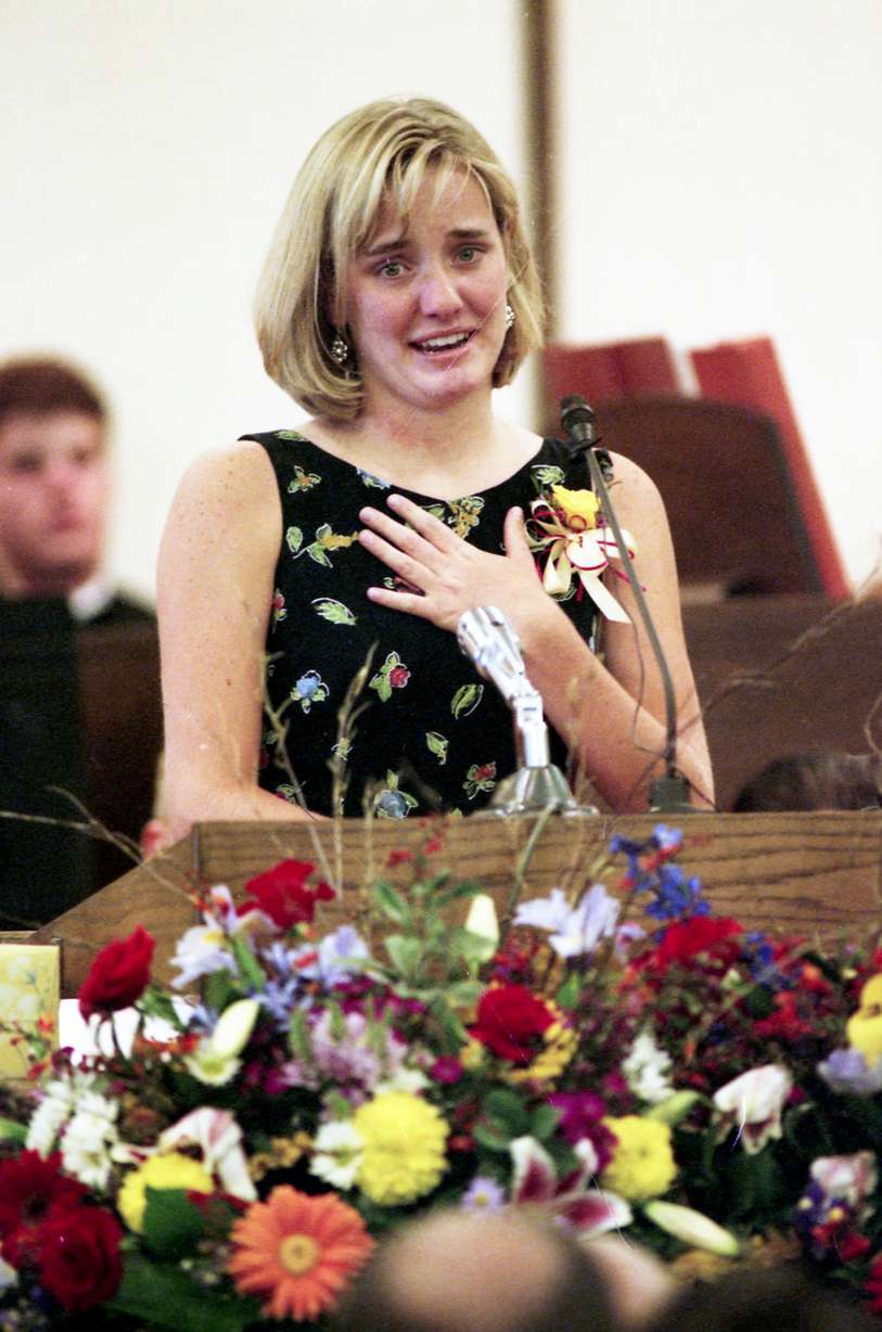 Sydney Snarr tears up as she talks about her brother, Zach, at his funeral in August 1996. Zach Snarr was shot and killed on Aug 28, 1996, at Little Dell Reservoir.