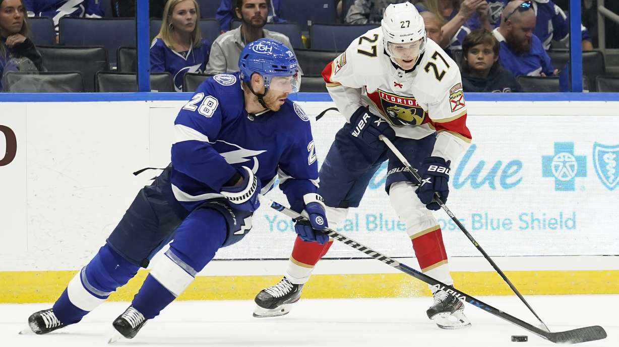 Florida Panthers center Eetu Luostarinen (27) works around Tampa Bay Lightning defenseman Ian Cole (28) during the third period of an NHL preseason hockey game Saturday, Oct. 8, 2022, in Tampa, Fla.
