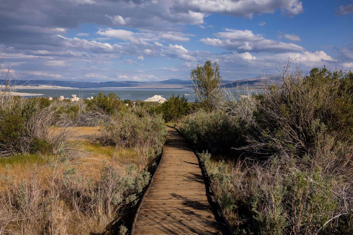 A boardwalk stretches toward the current shoreline of Mono Lake, as seen from around the location of the historic water level of Mono Lake in 1941 before water diversions by Los Angeles first began, at Mono Lake Park near Lee Vining, California, on Monday, Aug. 8.
