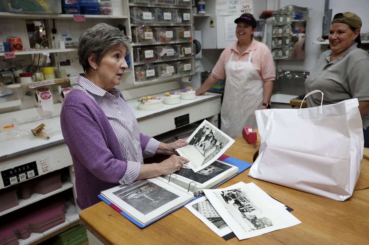 Renee Backer speaks to her family and employees about the history of their family’s bakery at Backer’s Pastry Shop in Salt Lake City on Wednesday, Sept. 14, 2022.