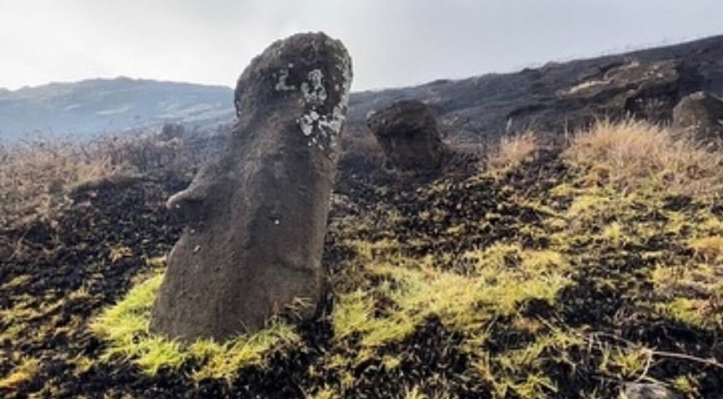 One of the charred moai statues following a fire on Easter Island started by the volcano there.