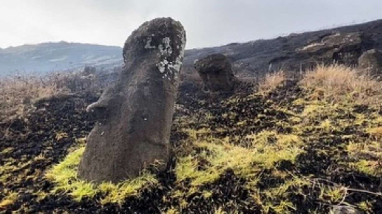 One of the charred moai statues following a fire on Easter Island started by the volcano there.