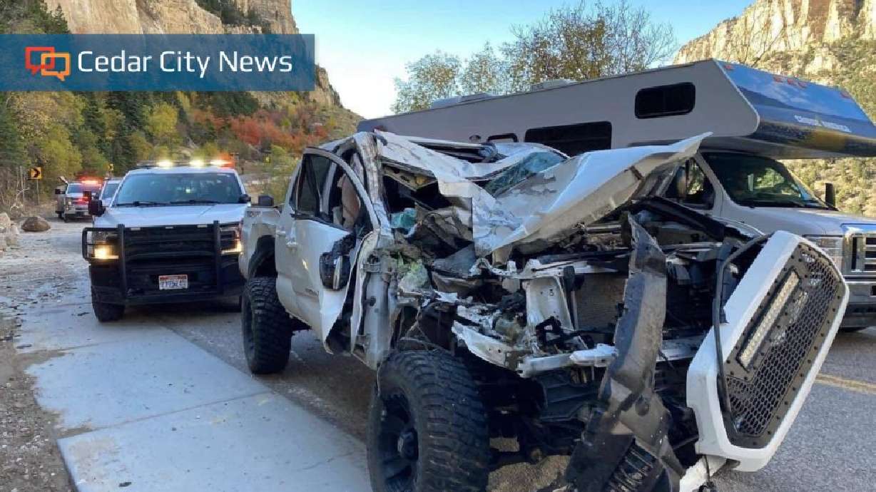A Toyota Tacoma pickup truck was heavily damaged by a falling boulder during a rock slide on S.R. 14 in Cedar Canyon, Saturday.