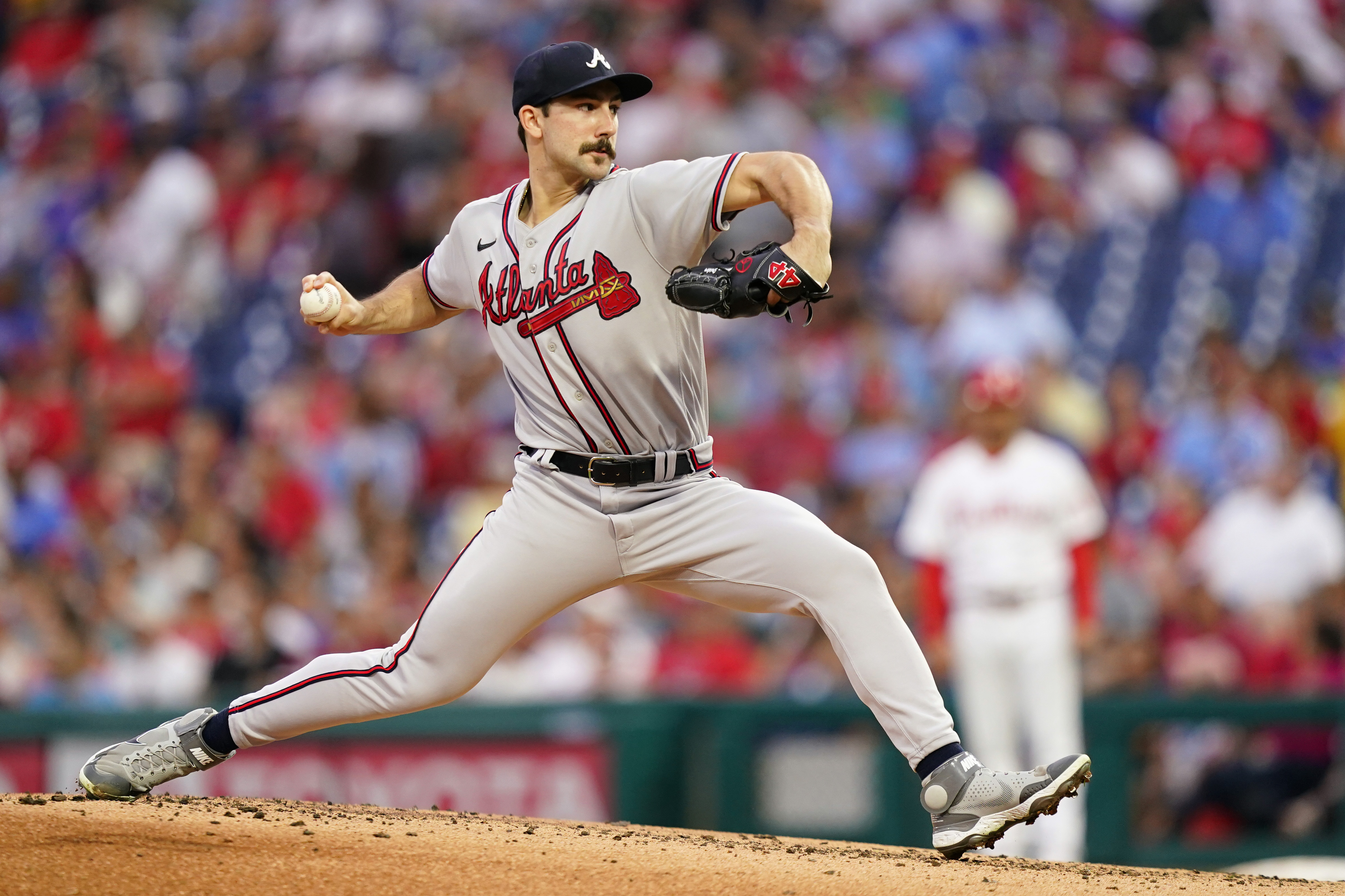 FILE - Atlanta Braves' Spencer Strider pitches during the first inning of a baseball game against the Philadelphia Phillies, Tuesday, July 26, 2022, in Philadelphia. The Braves made another investment in their future by signing rookie right-hander Spencer Strider to a $75 million, six-year contract on Monday, Oct. 10, 2022. 