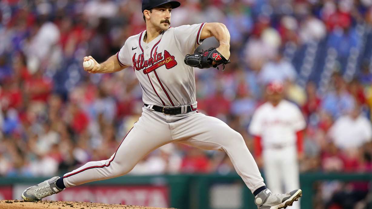 FILE - Atlanta Braves' Spencer Strider pitches during the first inning of a baseball game against the Philadelphia Phillies, Tuesday, July 26, 2022, in Philadelphia. The Braves made another investment in their future by signing rookie right-hander Spencer Strider to a $75 million, six-year contract on Monday, Oct. 10, 2022.