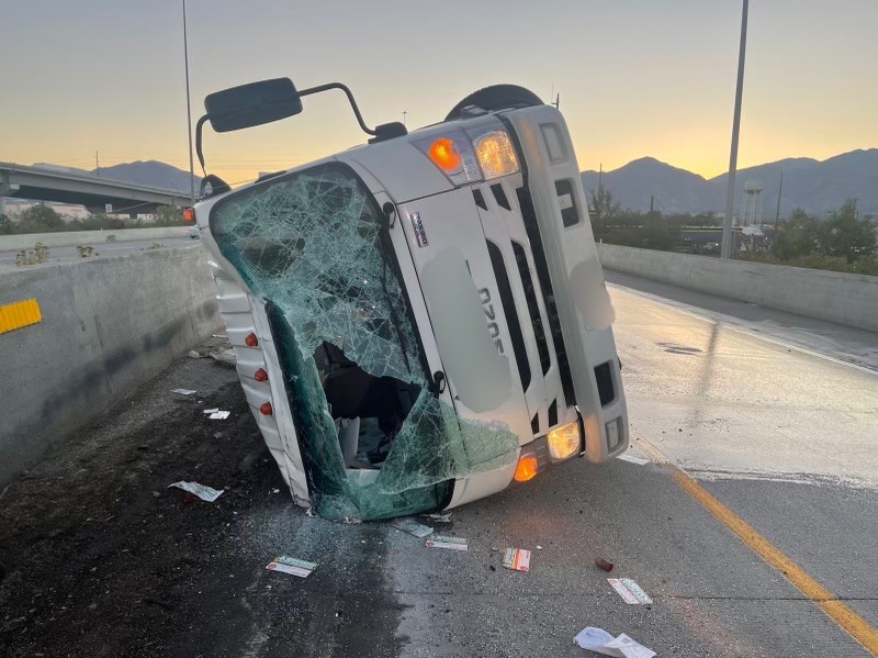 A truck hauling fertilizer crashed on I-15 in South Salt Lake, spilling 400 gallons of fertilizer across an off-ramp on Monday, troopers said.
