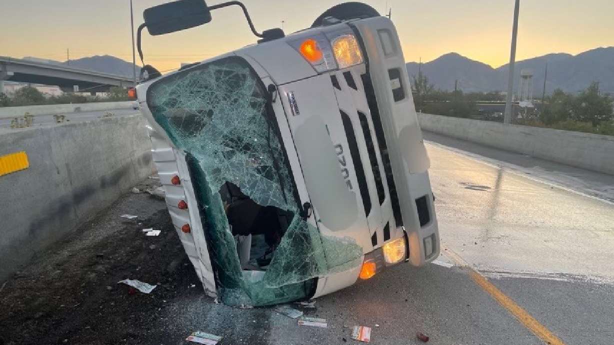 A truck hauling fertilizer crashed on I-15 in South Salt Lake, spilling 400 gallons of fertilizer across an off-ramp on Monday, troopers said.