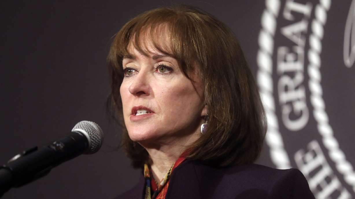 Sydnee Dickson, Utah state superintendent of public education, speaks during a media briefing at the Capitol in Salt Lake City on April 14, 2020. Dickson pushed back against remarks in a public prayer offered during a recent meeting of the Orem City Council that said "evil things" are being taught in schools.