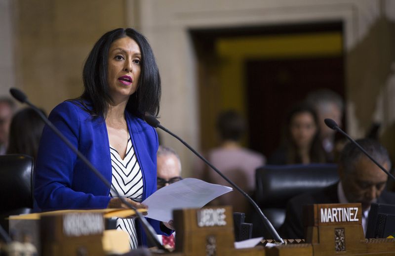 Nury Martinez speaks prior to a city council vote to increase minimum wage at City Hall in Los Angeles, Sept. 24, 2014. The Los Angeles city councilwoman resigned as president of the council on Monday after the release of an audio recording in which she makes racist and other disparaging comments, including ones about the Black son of a colleague.