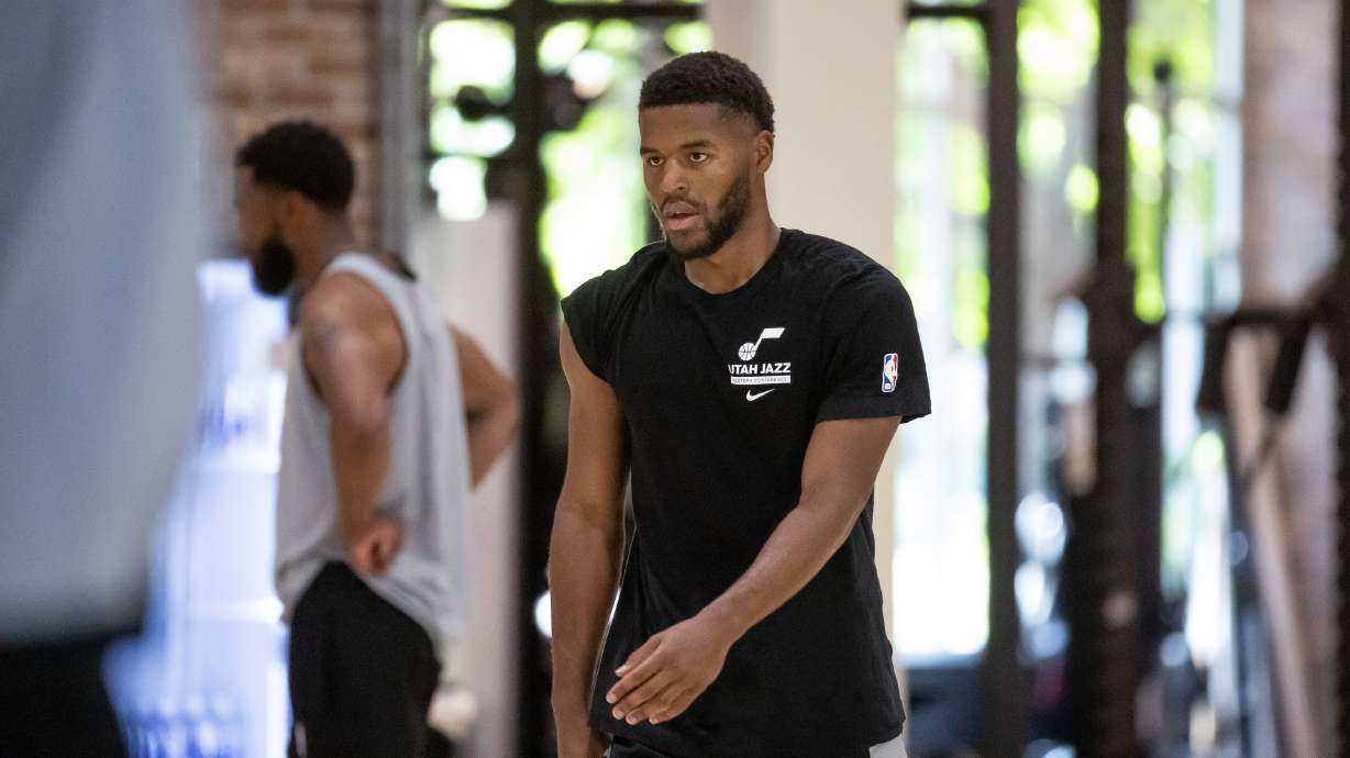Jazz guard Jared Butler shoots around at the end of a Utah Jazz practice at the Zions Bank Basketball Campus in Salt Lake City on Thursday, Sept. 29, 2022.