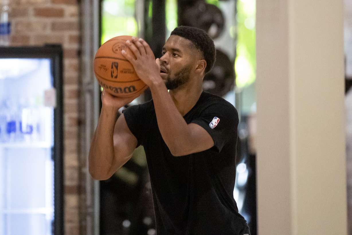 Jazz guard Jared Butler shoots at the end of a Utah Jazz practice at the Zions Bank Basketball Campus in Salt Lake City on Thursday, Sept. 29, 2022.