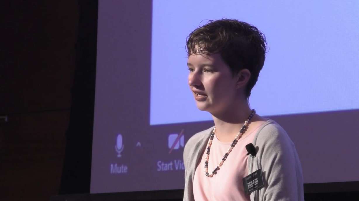 Deserae Turner shares her story of resilience with Utah State University students in Logan on Monday in recognition of World Mental Health Day.