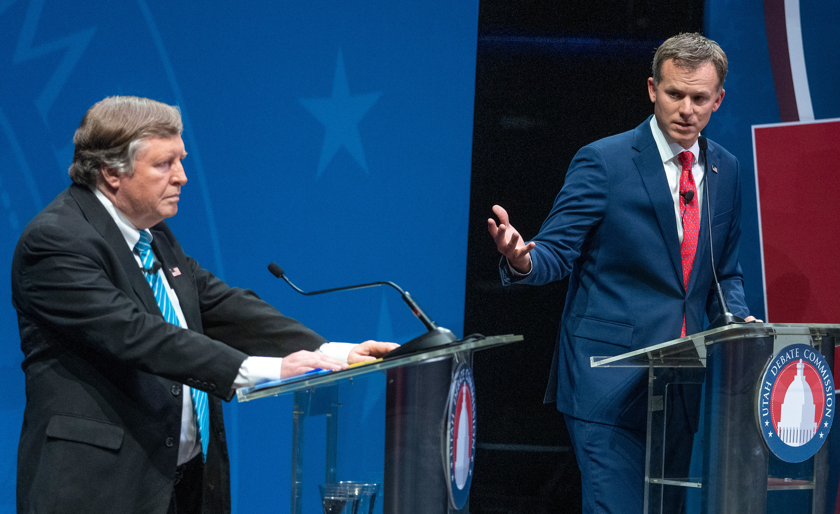 Utah’s U.S. 1st Congressional District incumbent Rep. Blake Moore, right, and challenger Rick Jones, left, discussed issues affecting northern Utah during the 1st Congressional District general election debate at the Val A. Browning Center on the campus of Weber State University in Ogden on Monday.