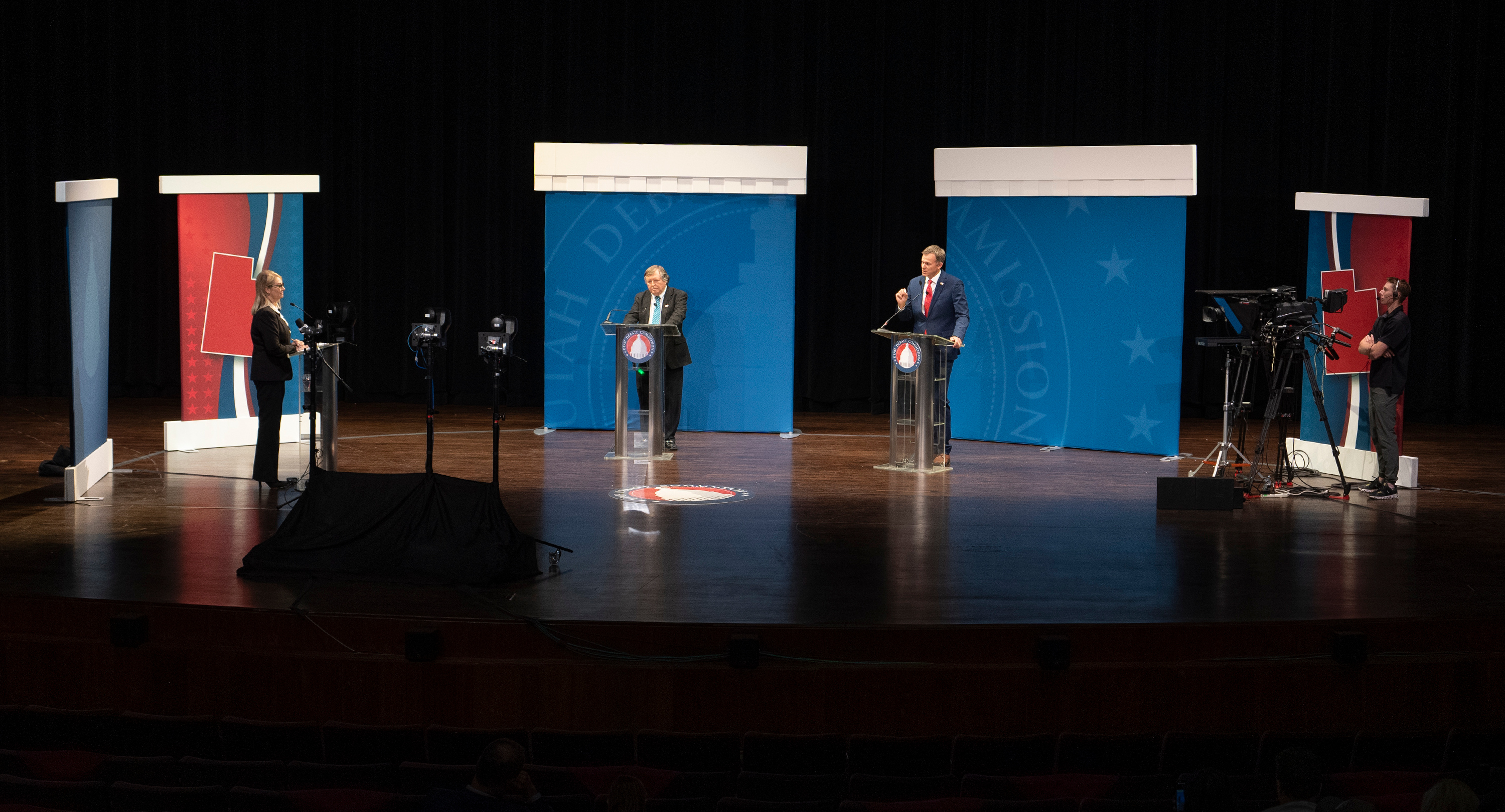 Utah’s U.S. 1st Congressional District incumbent Rep. Blake Moore, right, and challenger Rick Jones, center, discussed issues affecting northern Utah with moderator Kerry Bringhurst during the 1st Congressional District general election debate at the Val A. Browning Center on the campus of Weber State University in Ogden, Monday.