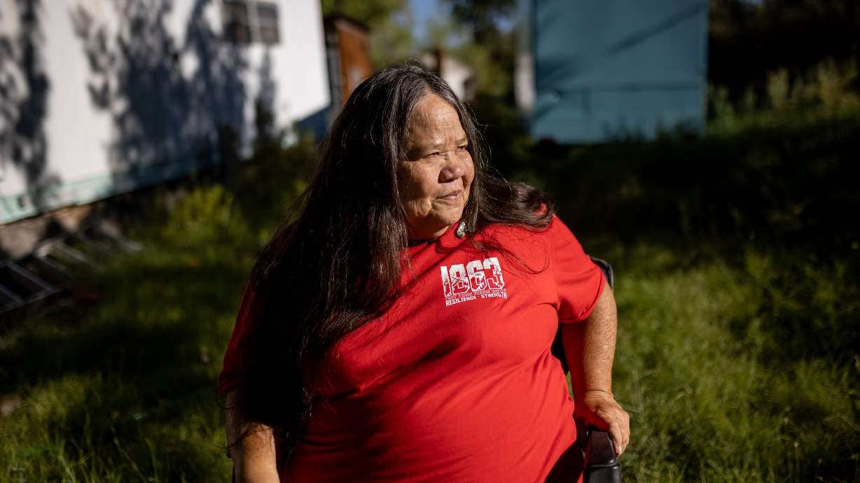 Kathy Jefferson Bancroft, 67, the tribal historic preservation officer for the Lone Pine Paiute-Shoshone Reservation, poses for a photo at her home on the reservation near Lone Pine, California, on Aug. 12.