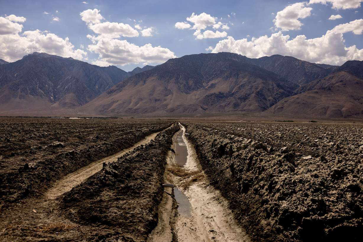 An area that has been converted to tillage as part of the Owens Lake Dust Mitigation Program is pictured on the dry lakebed in Inyo County, California, on Aug. 10. Tillage is one of the “best available control measures” used to mitigate dust that would otherwise be kicked up from the dry lakebed.
