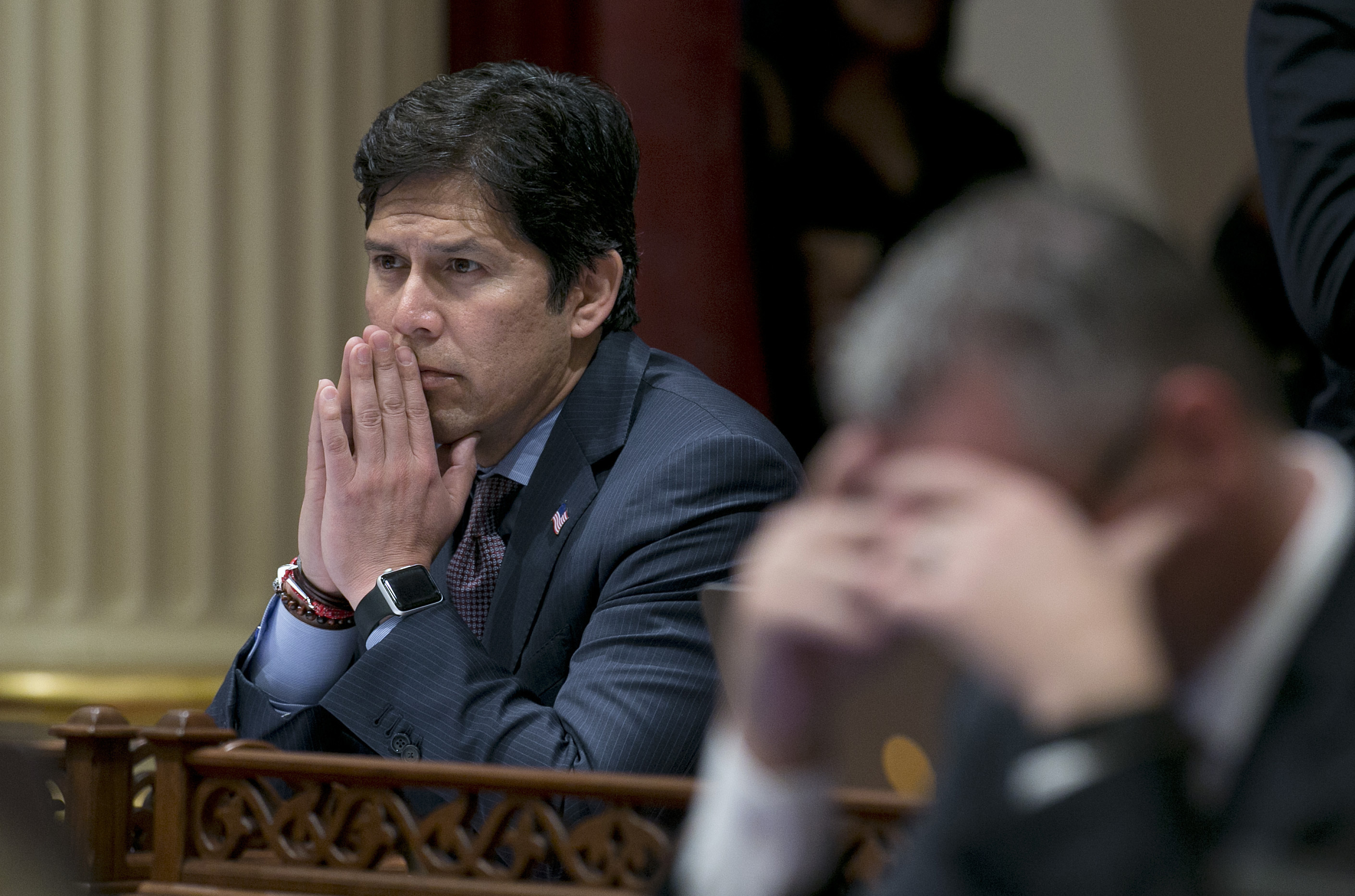 This April 20, 2017, photo shows then-Senate President Pro Tem Kevin de Leon, D-Los Angeles, in Sacramento, Calif. The president of the Los Angeles City Council resigned from the post Monday, after she was heard making racist comments and other coarse remarks in a leaked recording of a conversation with other Latino leaders.  The conversation was recorded in October 2021 and other participants were Councilmembers Gil Cedillo and Kevin de León and Los Angeles County Federation of Labor President Ron Herrera, the Los Angeles Times reported.