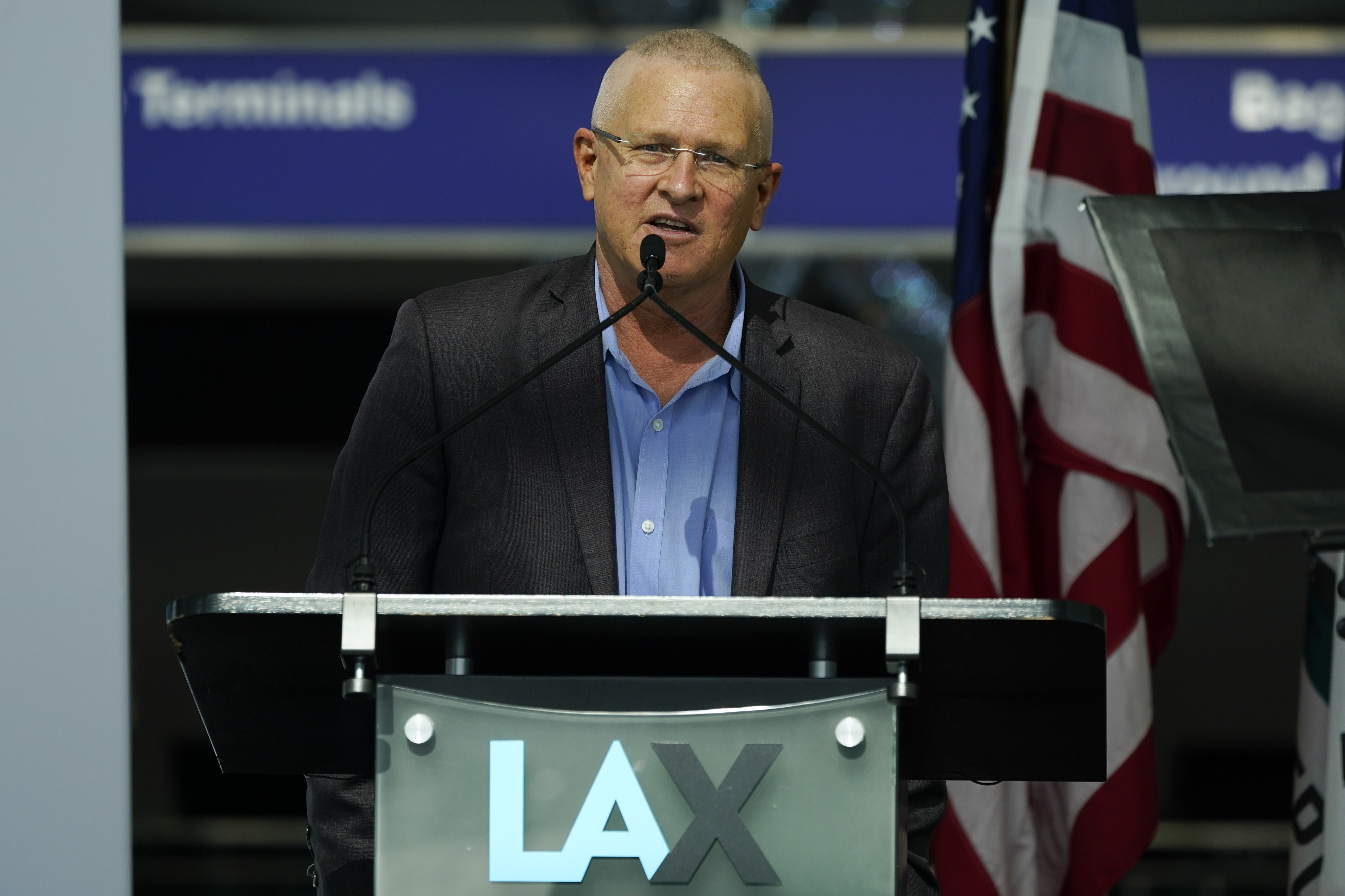 Mike Bonin, Los Angeles city council member, speaks during a press conference at Tom Bradley International Terminal at Los Angeles International Airport on May 24, 2021, in Los Angeles. Nury Martinez, the president of the Los Angeles City Council resigned from the post Monday,  after she was heard making racist comments and other coarse remarks in a leaked recording of a conversation with other Latino leaders.