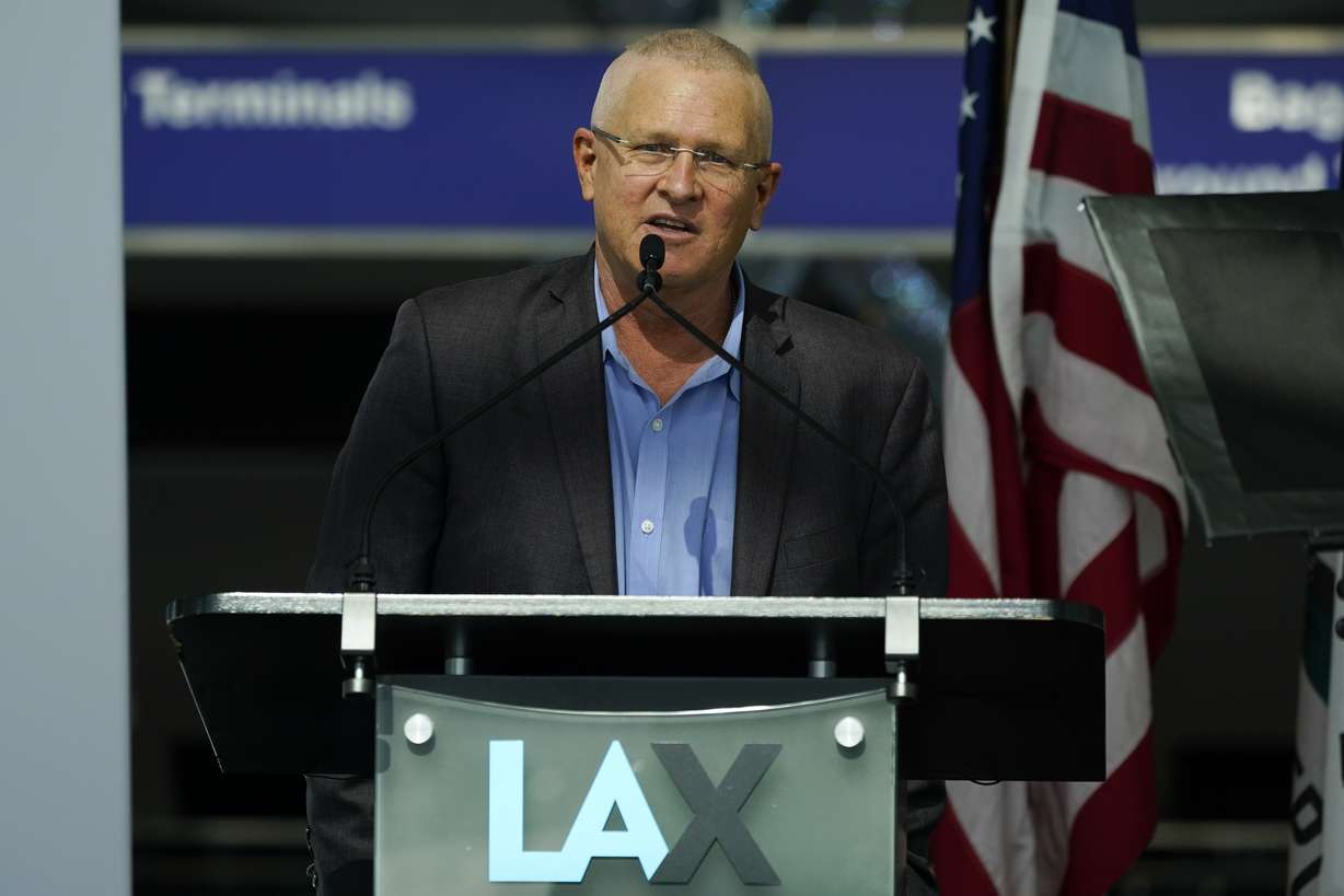 Mike Bonin, Los Angeles city council member, speaks during a press conference at Tom Bradley International Terminal at Los Angeles International Airport on May 24, 2021, in Los Angeles. Nury Martinez, the president of the Los Angeles City Council resigned from the post Monday, after she was heard making racist comments and other coarse remarks in a leaked recording of a conversation with other Latino leaders.