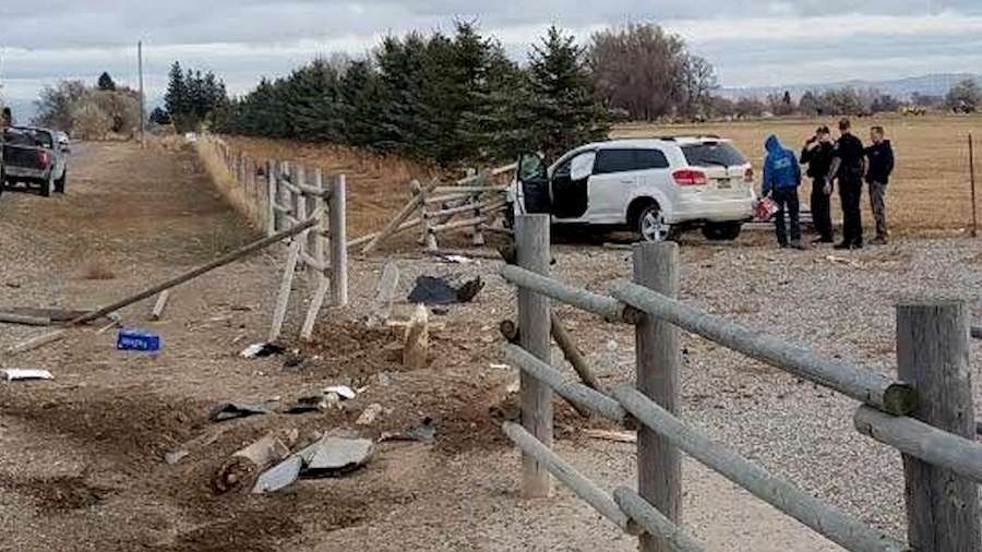 Brandy Jo Furniss's vehicle crashes into a fence after a rock went through the windshield, seriously injuring her, in Idaho Falls, Idaho, November 2019.