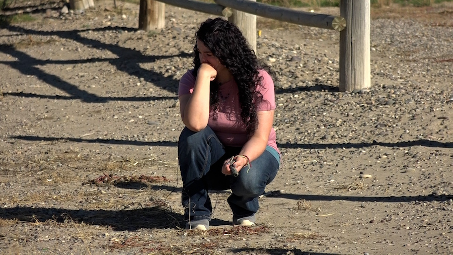 Brandy Jo Furniss becomes emotional while visiting the site of a crash where she was seriously injured in Idaho Falls, Idaho, in 2019.
