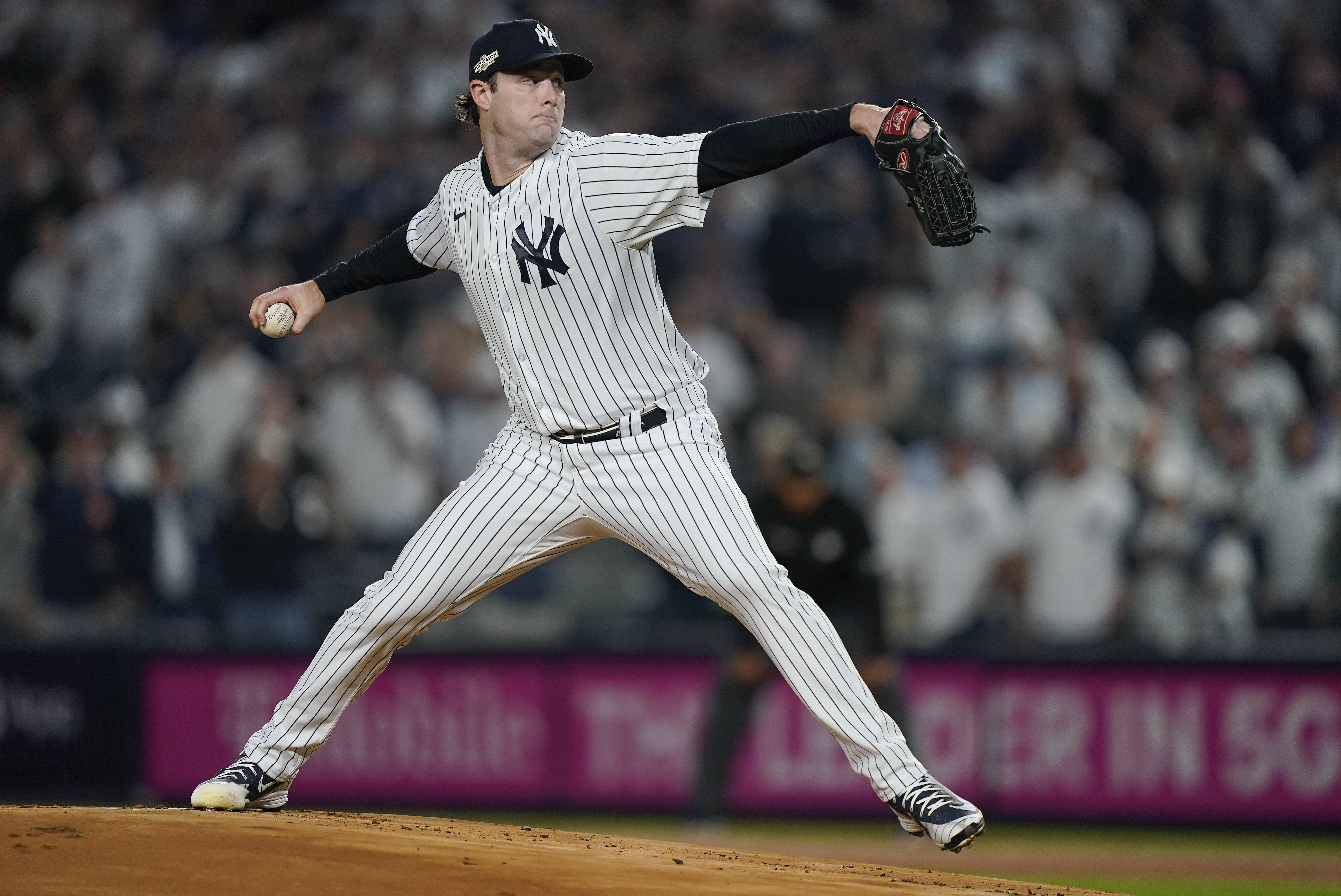 New York Yankees starting pitcher Gerrit Cole delivers against the Cleveland Guardians during the first inning of Game 1 of an American League Division baseball series, Tuesday, Oct. 11, 2022, in New York.