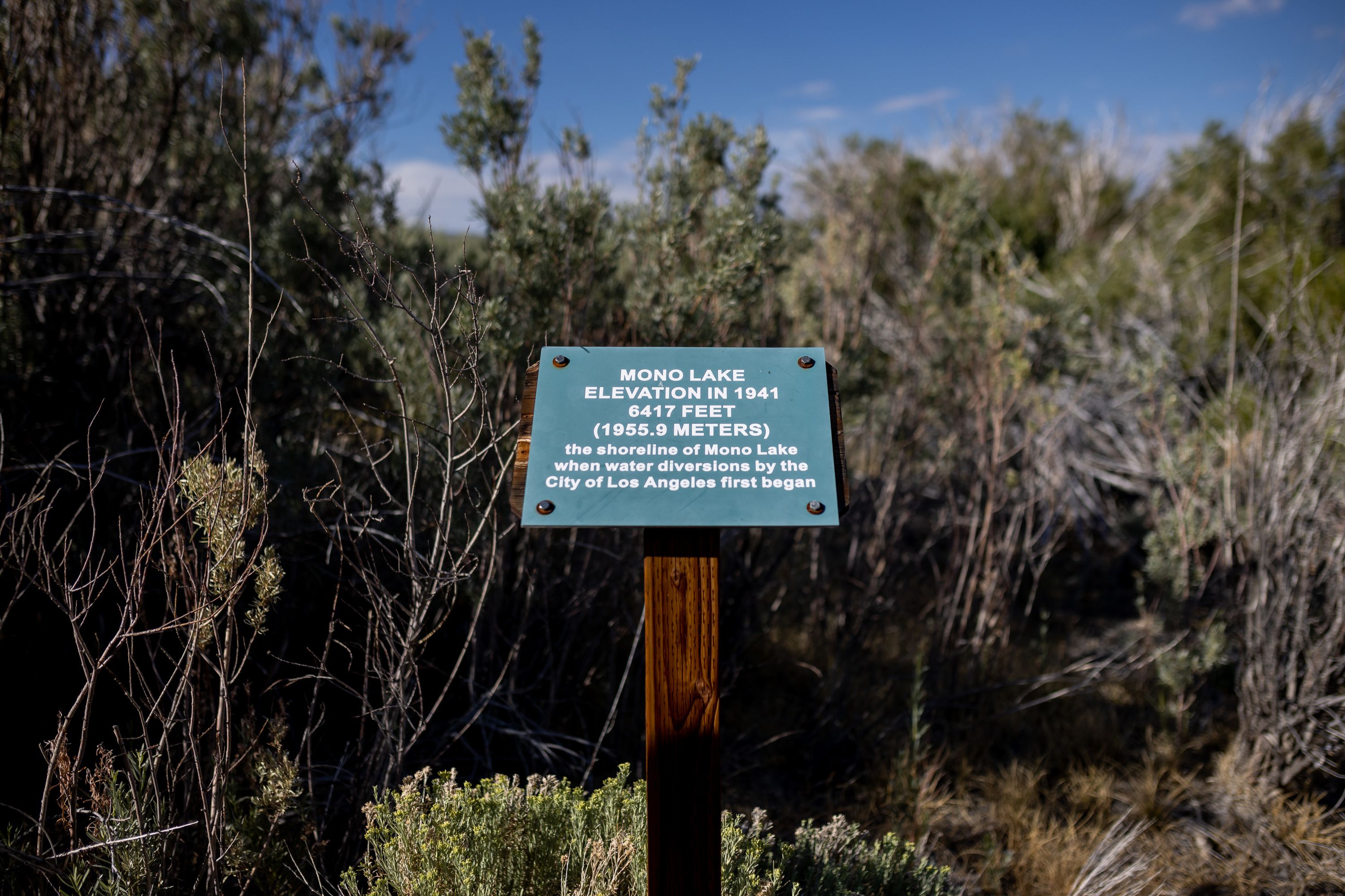 A sign, which indicates the historic water level of Mono Lake in 1941 before water diversions by Los Angeles first began, is pictured at Mono Lake Park near Lee Vining, California, on Aug. 8.