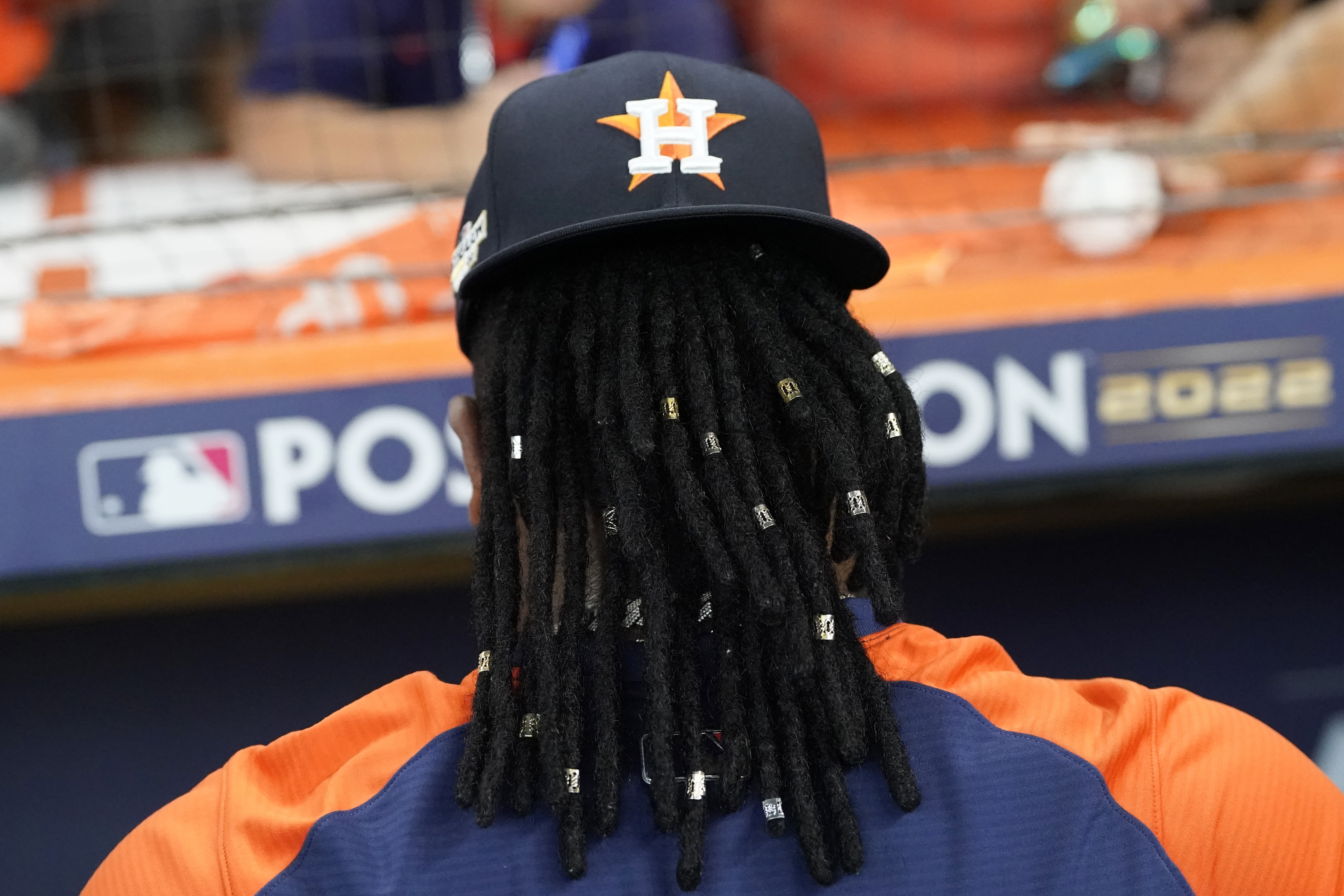Houston Astros pitcher Framber Valdez signs autographs before Game 1 of an American League Division Series baseball game against the Seattle Mariners in Houston, Tuesday, Oct. 11, 2022. Valdez and teammate Luis Garcia got hair extensions this season and will show off their unique locks this postseason as Houston tries to reach the World Series for the fourth time in six years. 