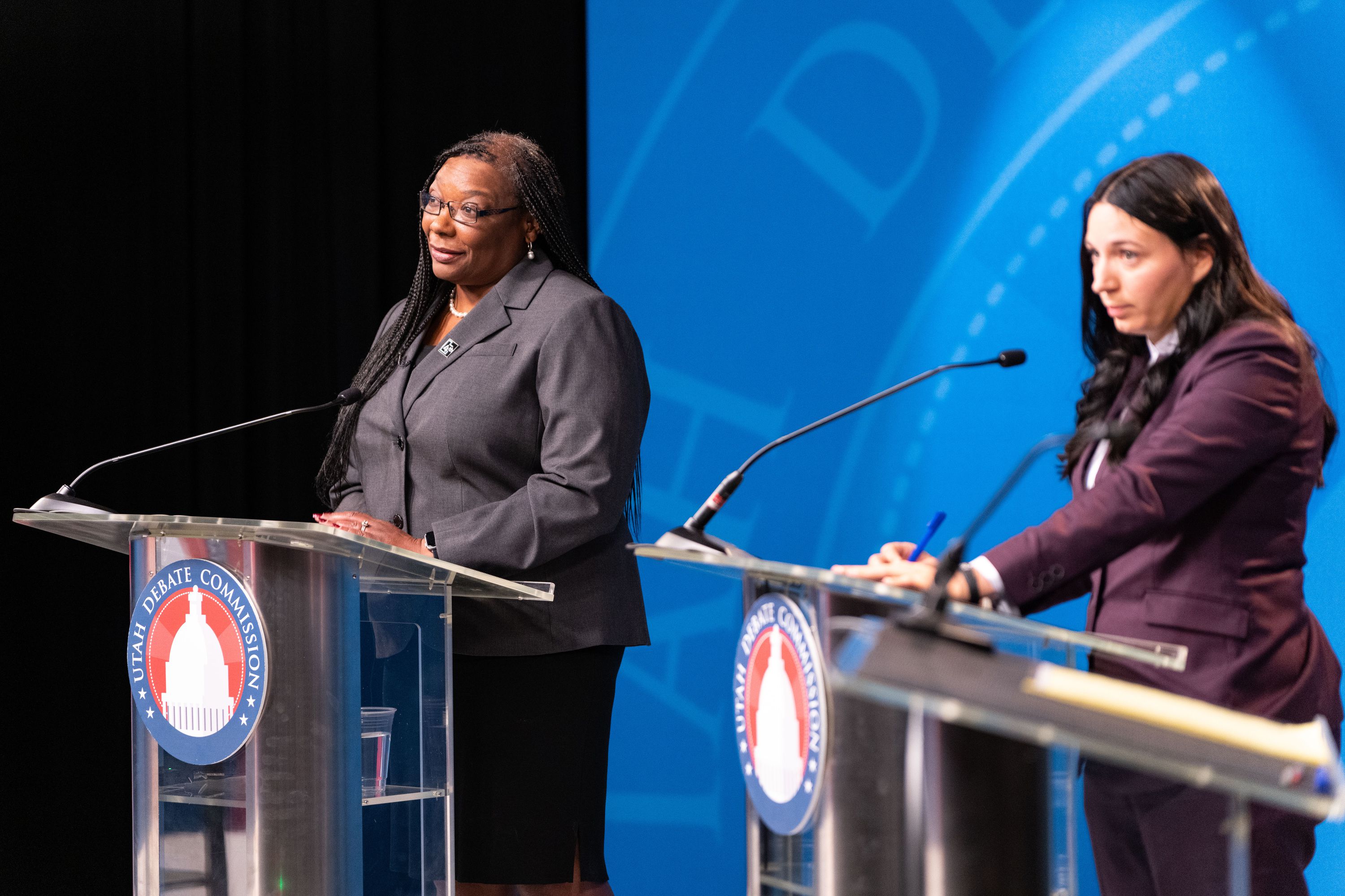 Rep. Darlene McDonald and Rep. January Walker speak in a 4th Congressional District debate at the University of Utah in Salt Lake City, Wednesday.