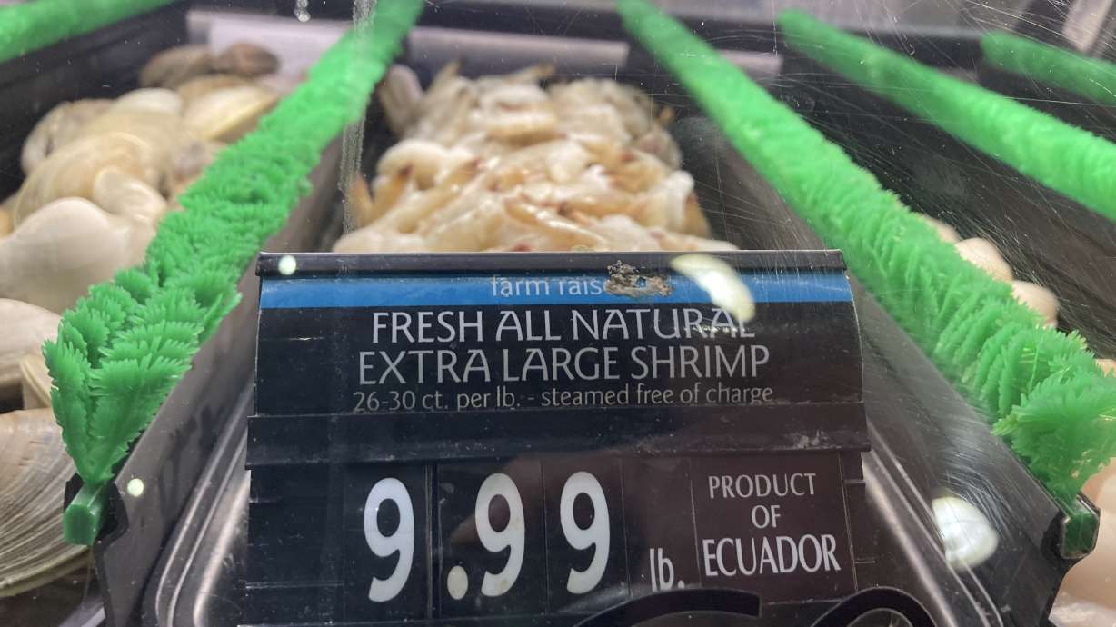 The price of shrimp is displayed at a market in Philadelphia June 16. Consumer prices rose 8.2% in September compared with a year earlier, the government said Thursday.