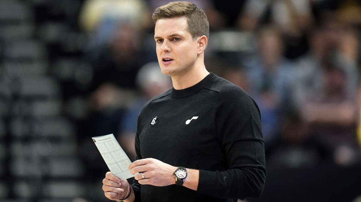 Utah Jazz head coach Will Hardy looks on during the first half of an NBA preseason basketball game against the San Antonio Spurs, Tuesday, Oct. 11, 2022, in Salt Lake City.