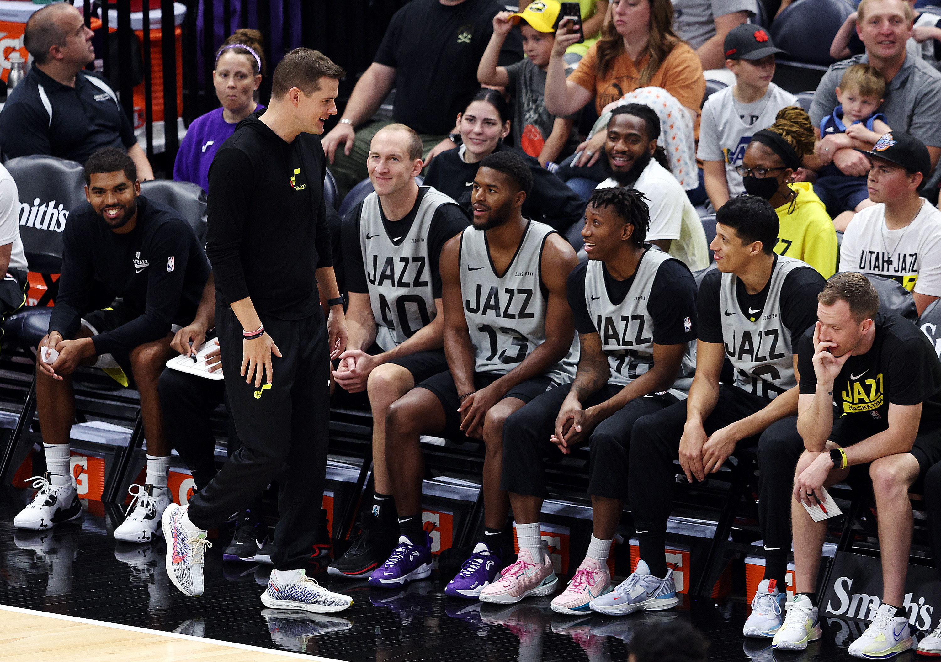 Utah Jazz head coach Will Hardy has fun with some of the players as the Utah Jazz play in a scrimmage game at Vivint Arena in Salt Lake City on Saturday, Oct. 8, 2022.