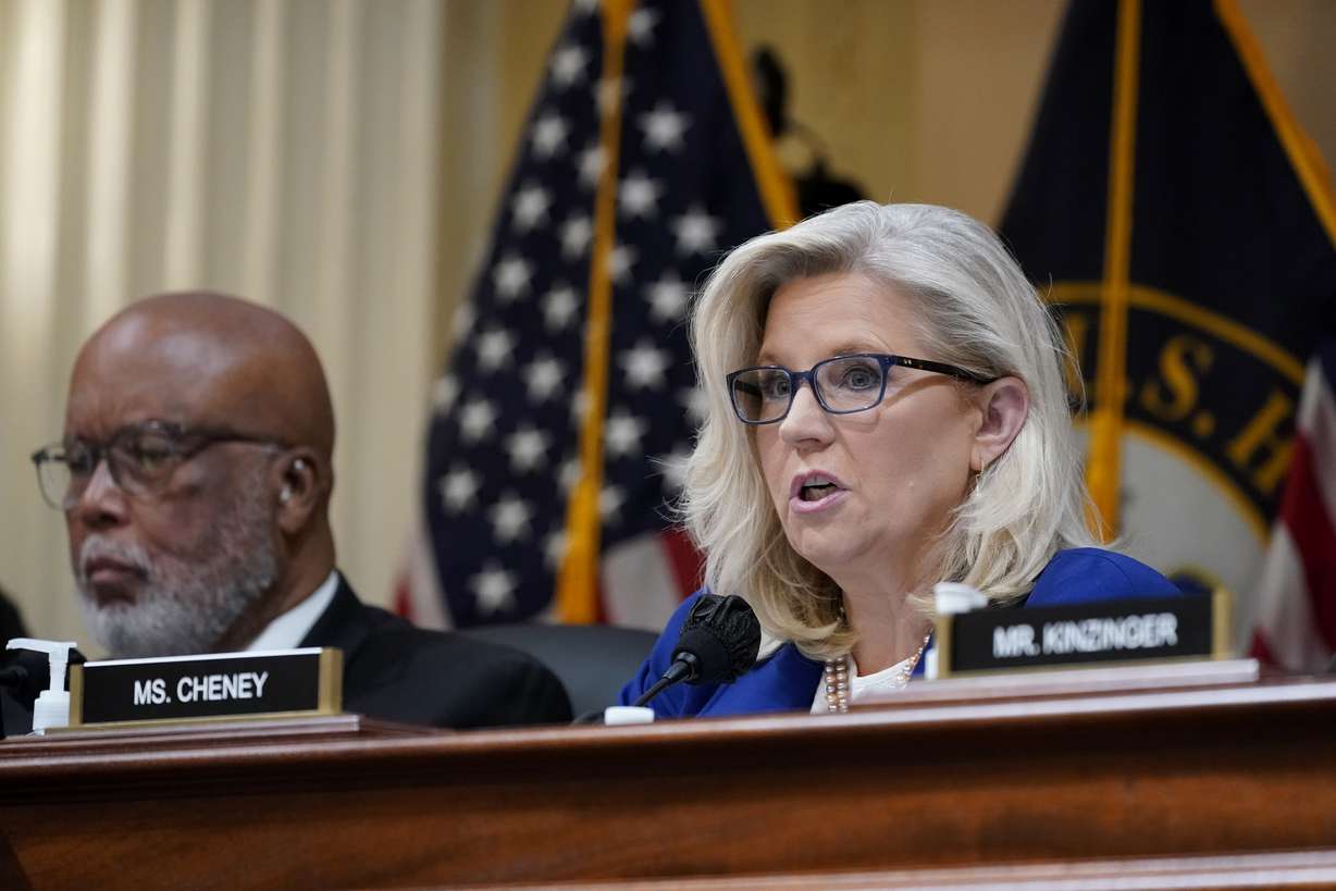 Vice Chair Liz Cheney, R-Wyo., speaks as the House select committee investigating the Jan. 6 attack on the U.S. Capitol, holds a hearing on Capitol Hill in Washington, Thursday, Oct. 13. Chairman Bennie Thompson, D-Miss., is left.